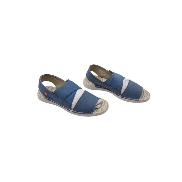 NWOB Softinos by FLY London Tin Sandals Sz 6.5 Blue Flat Slingback Cross-Band - Picture 2 of 13